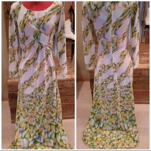 Vtg 60s geometric maxi dress S twist front Mary Martin botanical
